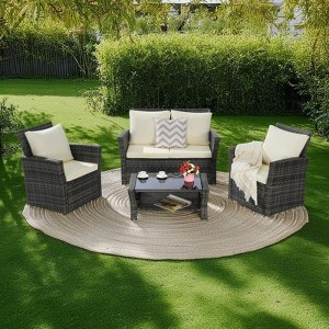 4-Piece Outdoor Patio Rattan Conversation Sofa Set with Tempered Glass Coffee Table - 1 of 4