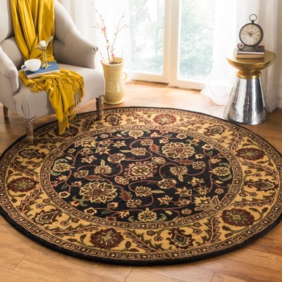 Elegant Victorian Floral 6' Round Black and Gold Wool Rug
