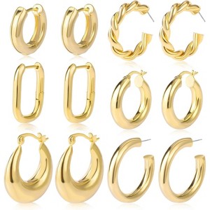 6 Pairs Chunky Gold Hoop Earrings, 14K Gold Plated Hypoallergenic Gift Set. - 1 of 4