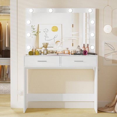 USIKEY Vanity Desk with Large Lighted Mirror, Makeup Vanity with 10 Lights, 2 Drawers & Power Strip, Vanity Desk