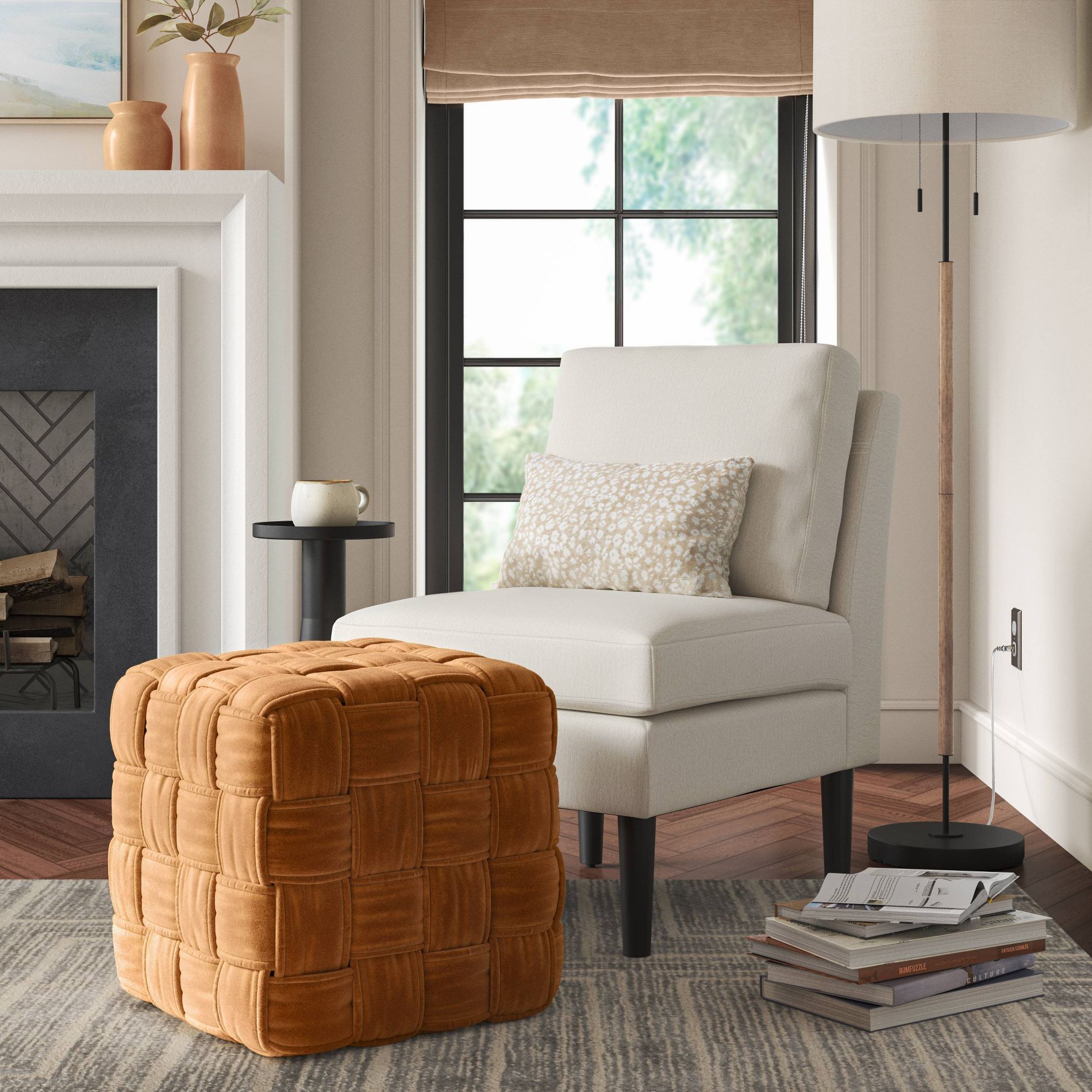 Square Woven Pouf Ottoman Gold Velvet - Threshold™: Upholstered Cube, No Assembly Required