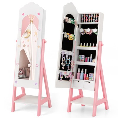 Tangkula Kids Jewelry Armoire Cabinet Freestanding Full Length Dressing Mirror with Large Capacity Pink/White