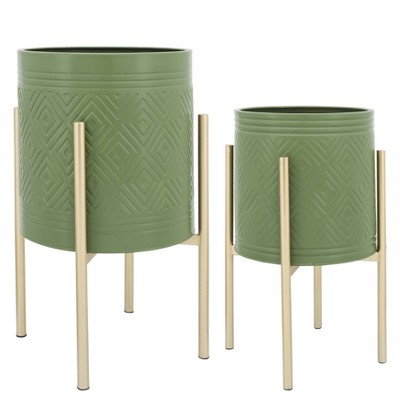 Sagebrook Home Set of 2 Geometric Planters on Metal Stand Olive/Gold