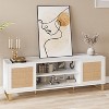 65 Inch Modern TV Stand with Rattan & Marble Finish - White & Gold Entertainment Center with Storage Doors & Shelves - 4 of 4