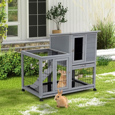 LAOTIES Detachable Wooden Rabbit Hutch With Wheels,Removable Trays,Waterproof Roof And Large Play Area For Rabbits And Small Animals