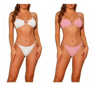 Elerevyo Women's 2 Piece Ribbed Solid Color Bikini Sets, Spaghetti Strap Backless Swimwear Bathing Suit Swimsuit 2 Sets - 1 of 4