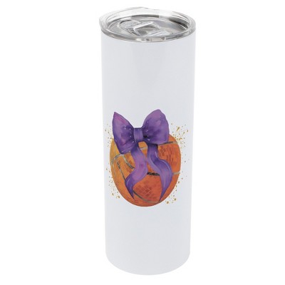Elanze Designs 20 Ounce Stainless Steel On the Go Travel Tumbler With Push Top Lid, Basketball With Purple Bow
