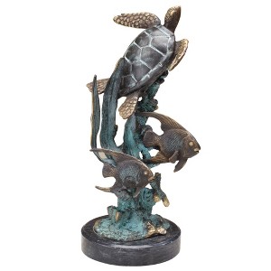 SPI Home Brass Sea Turtle Figurine with Tropical Fish – 10" Coastal Wildlife Sculpture for Nautical Decor - 1 of 3