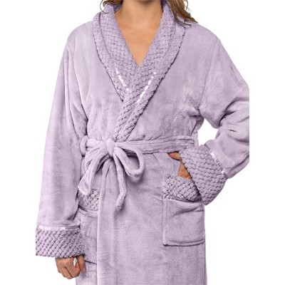 Lavender Plush Fleece Robe with Satin Trim and Waffle Cuff