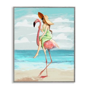 Stupell Industries Beach Woman Riding Pink Flamingo Framed Giclee Art, Gray, 16" x 20" - 1 of 4