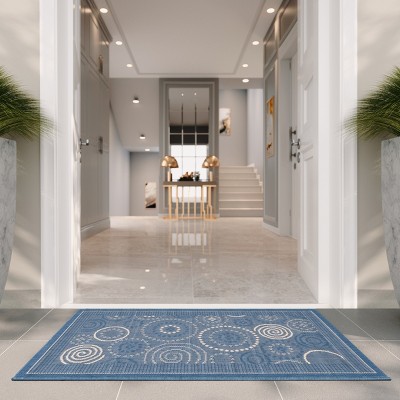 Blue Geometric Patterned Synthetic Outdoor Area Rug