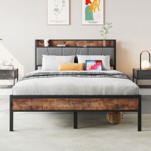 Full Size Bed Frame, Storage Headboard with Charging Station, Solid and Stable, Noise Free, No Box Spring Needed, Easy Assembly,Vintage Brown and Gray - 1 of 4