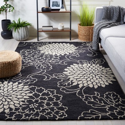 Handmade Black and Ivory Floral Wool Area Rug 3' x 5'