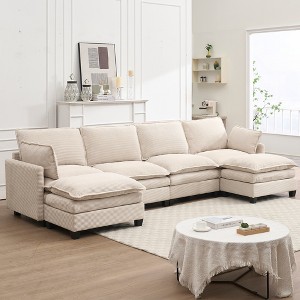 Oversized Modular Sofa, Velvet U-Shaped 4-Seater Couch with 2 Ottomans & 2 Lumbar Pillows, Deep Seat Upholstered Sectional for Living Room - 1 of 4