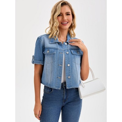 Женские куртки INSPIRE CHIC Women's Turndown Collar Short Sleeve Button Denim Jacket White Medium — фото 3