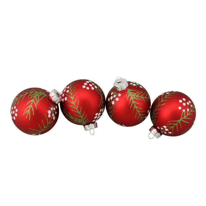 Northlight 4ct Matte Red with Pine Needles Glass Christmas Ball Ornaments 3.25" (80mm), 1 of 4