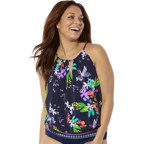 Swimsuits for All Women’s Plus Size High Neck Blouson Tankini Top, 8 - Navy  Wind Flower