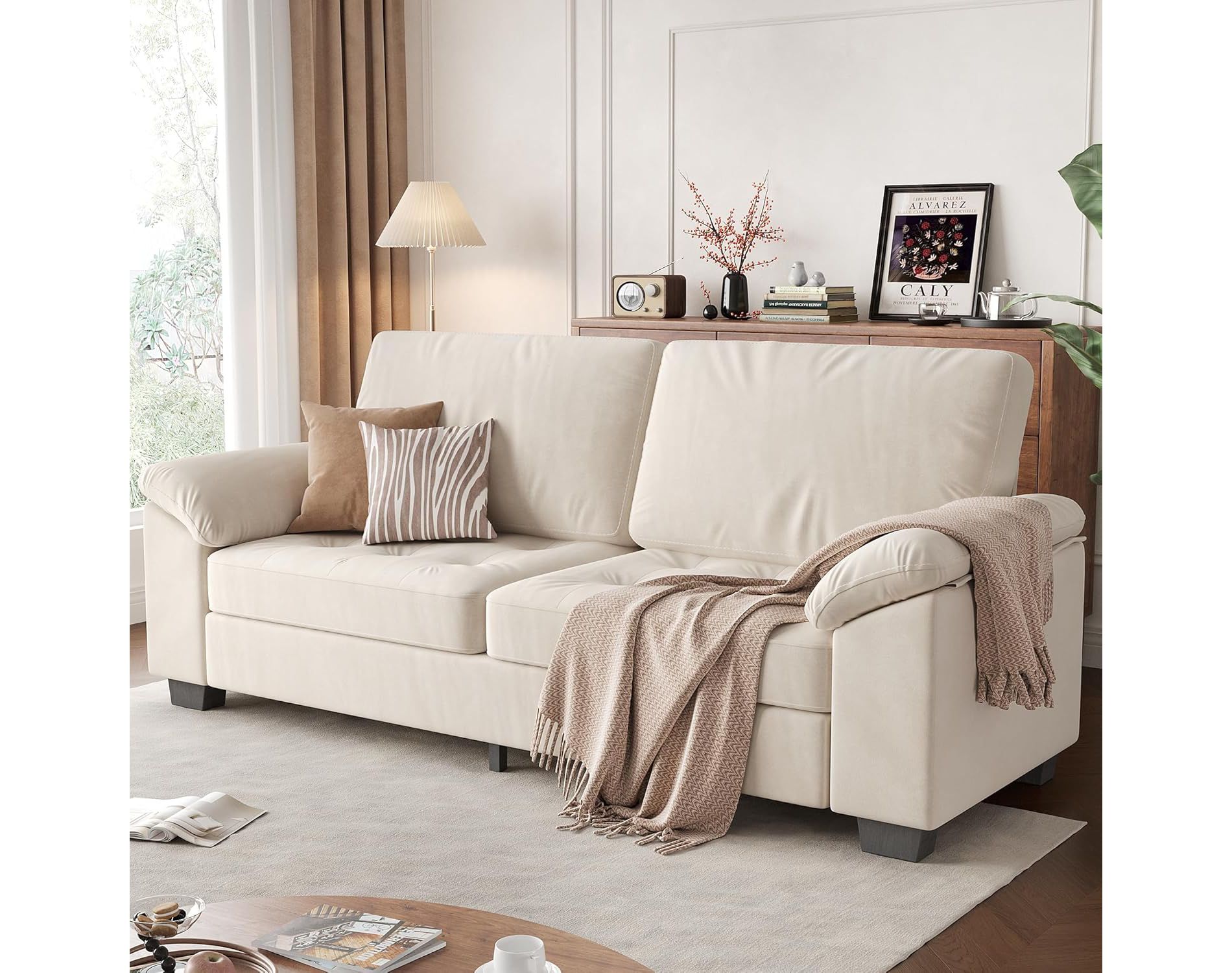 90" Modern Oversized Velvet Loveseat, Wide Armrests, Washable Cushion Covers, Comfy 2-3 Seater Sofa for Living Room, Bedroom, Apartment, Beige