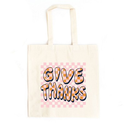 City Creek Prints Give Thanks Checkered Canvas Tote Bag - 15x16 - Natural