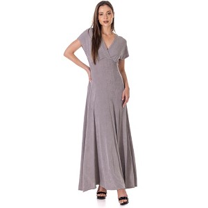 24seven Comfort Apparel Womens Flutter Sleeve Metallic Knit Maxi Dress Front Slit Empire Waist - 1 of 4