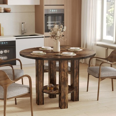Tribesigns 39"Round Dining Table for 4, Small Farmhouse Kitchen Dinner Table with Storage, 2-Tier Wooden for Kitchen,Dining Room, Rustic Brown