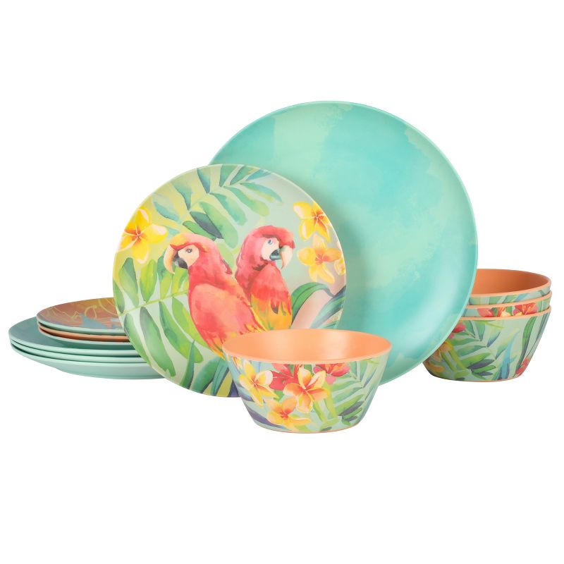 Laurie Gates Tropical Parrots 12 Piece Melamine Dinnerware Set in Assorted Designs, 1 of 15