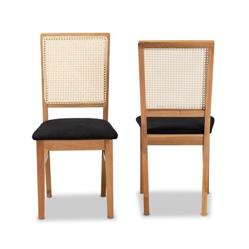 Set of 2 Idris Fabric Upholstered Rattan Dining Chairs Black Oak Brown Baxton Studio