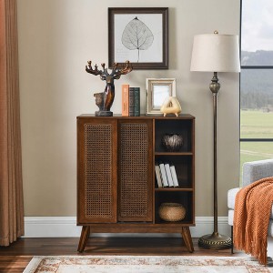 ORRD Mid-Century Modern Rattan Sideboard, Buffet Cabinet with Adjustable Shelf and Solid Wood Feet, Dark Wood - 1 of 4