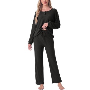 cheibear Women's Waffle Knit Lounge Longsleeve Pajama Set 2 Pcs - 1 of 4