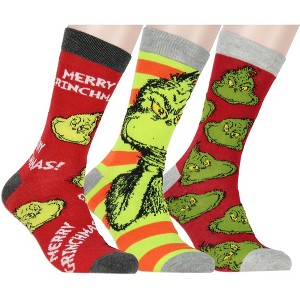 Dr Seuss GRINCH Merry Grinchmas Adult Holiday 3 Pair Crew Socks Multicoloured - 1 of 4