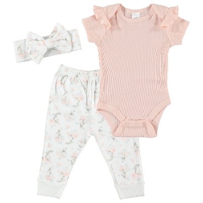 Kyle & Deena Baby Girl Clothes Layette Set Footless Sleep and Play 3 Pack Bunnie Rabbit Patch 3-6M