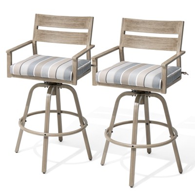 Pellebant 2pc Aluminum Outdoor Swivel Woodgrain Finish Bar Stools with Sunbrella Cushion
