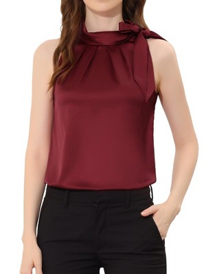 INSPIRE CHIC Women's Elegant Satin Sleeveless Bow Tie Mock Neck Solid Work Blouse