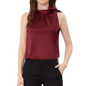 INSPIRE CHIC Women's Elegant Satin Sleeveless Bow Tie Mock Neck Solid Work Blouse - 1 of 4