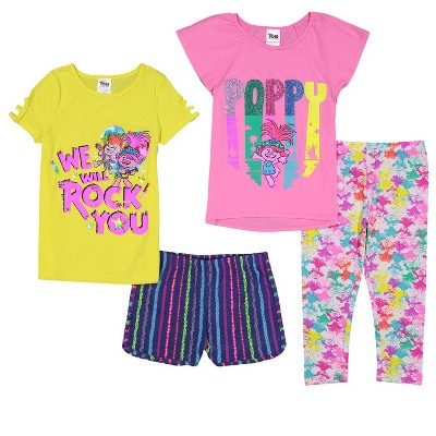 DreamWorks Trolls Poppy 4 Piece Outfit Set: T-Shirt Legging Shorts Multicolored 