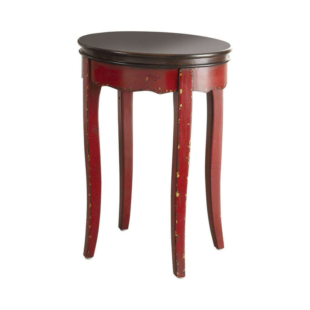 HOMES: Inside + Out Fuchs Vintage Style Side Table Red: Farmhouse Round Wood Accent Table with Distressed Finish