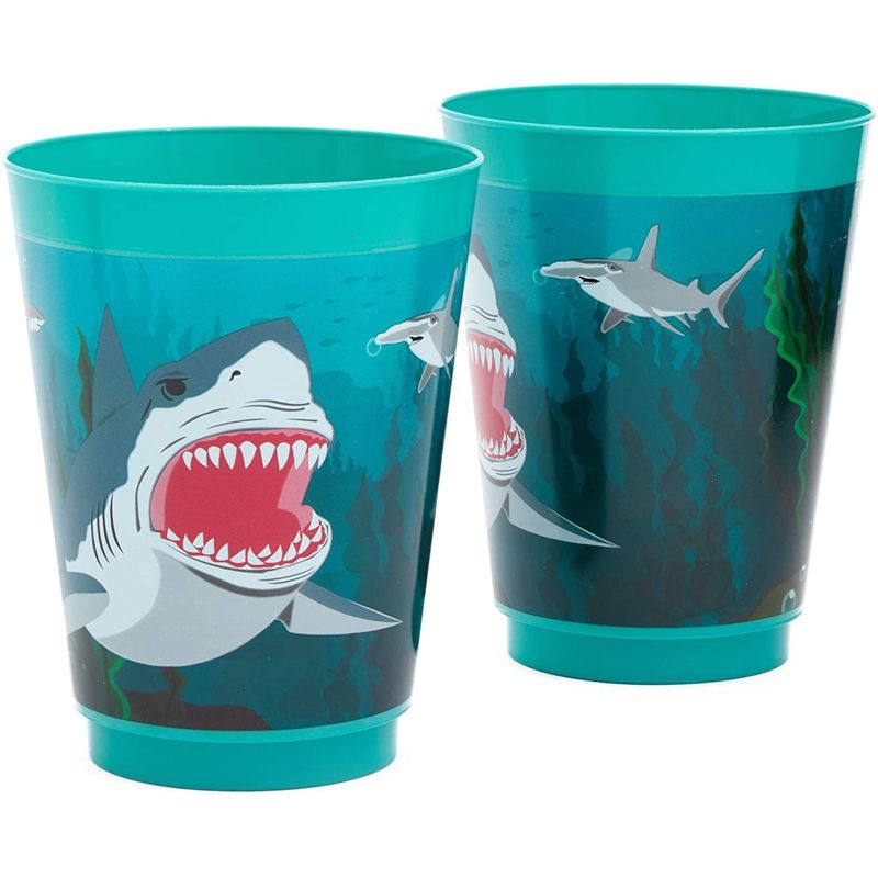 Blue Panda 16 Packs Plastic 16 oz Party Cups Shark Theme Reusable Tumblers for Boys Kids Birthday, Blue, 2 of 6