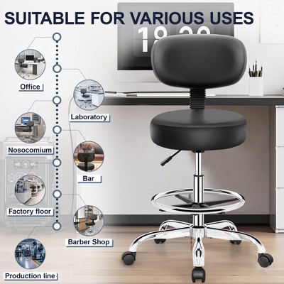 KERDOM Drafting Chair with Backrest Adjustable Foot Rest Rolling Stool with Wheels, PU Leather Swivel Stool for Office, Black