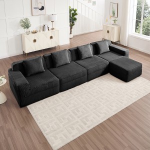 Modular 4-Seat L-Shaped Sectional Sofas, Deep Seat Cloud Couch with 1 Movable Ottoman & Throw Pillows, Plush Corduroy Boneless Sofa for Living Room - 1 of 4