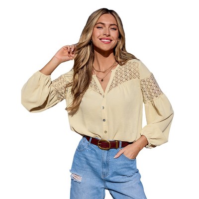 Women's Beige Crochet Lace Balloon Sleeve Blouse - Cupshe
