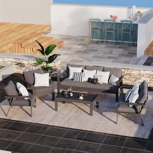 Heynemo 7-Seat Outdoor Patio Aluminum Furniture Sofa Sets, Modern Outside Sectional Conversation Metal Couch Chairs Sets With Cushions - 1 of 4