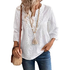 Coolmee Women's 3/4 Sleeve Shirt Eyelet Embroidery  Notched Neck Boho Blouse Top - 1 of 4