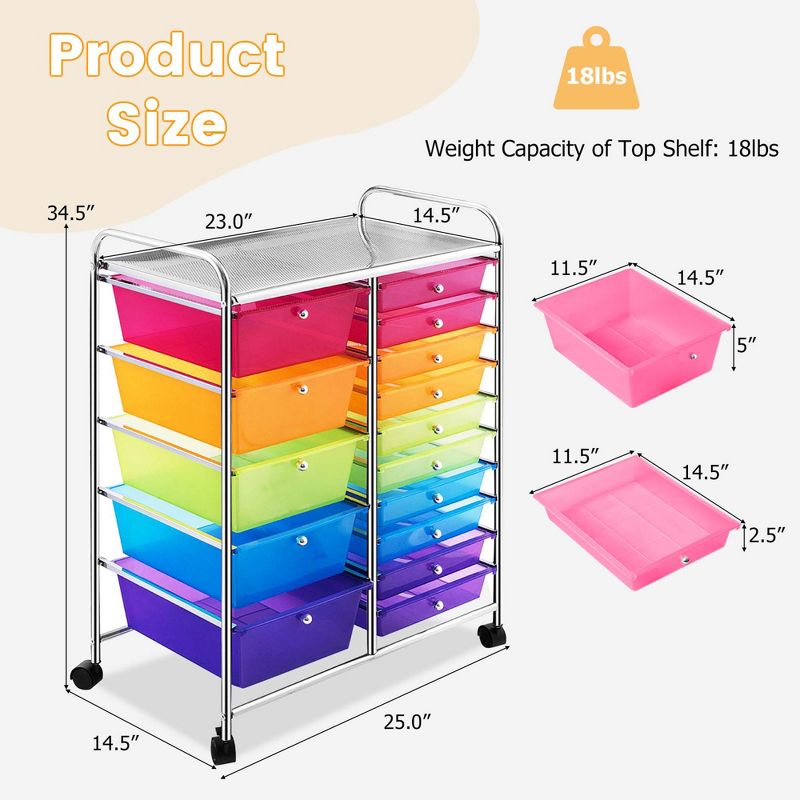 Costway 15 Drawer Rolling Storage Cart Tools Scrapbook Paper Office School Organizer Colorful, 4 of 13