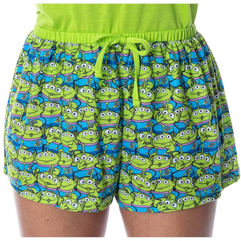 Disney Women's Toy Story Pizza Planet Aliens Shirt and Shorts Pajama Set Lime Green, 4 of 6