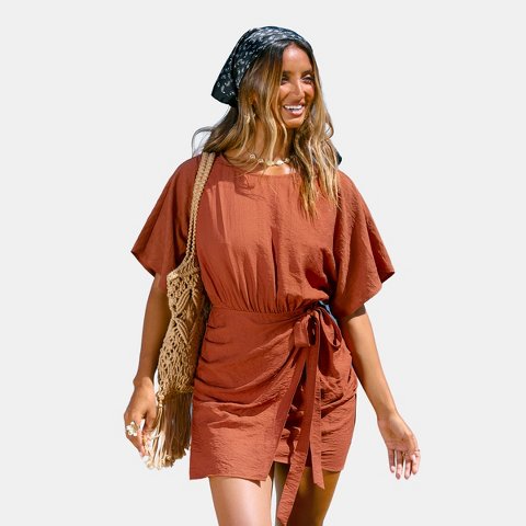 Женские платья Cupshe Women's Batwing Sleeve Waist Tie Beach Dress-L-Orange