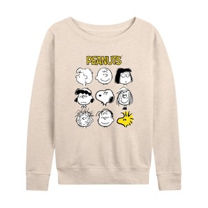 Women's - Peanuts - Many Faces Of Snoopy And Friends Lightweight French Terry Wide Neck Long Sleeve Shirt - 1 of 4
