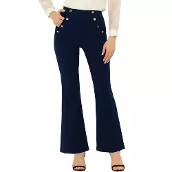 Allegra K Women's Work Trousers Button Decor High Waisted Bell Bottom Pants Dark Blue Large