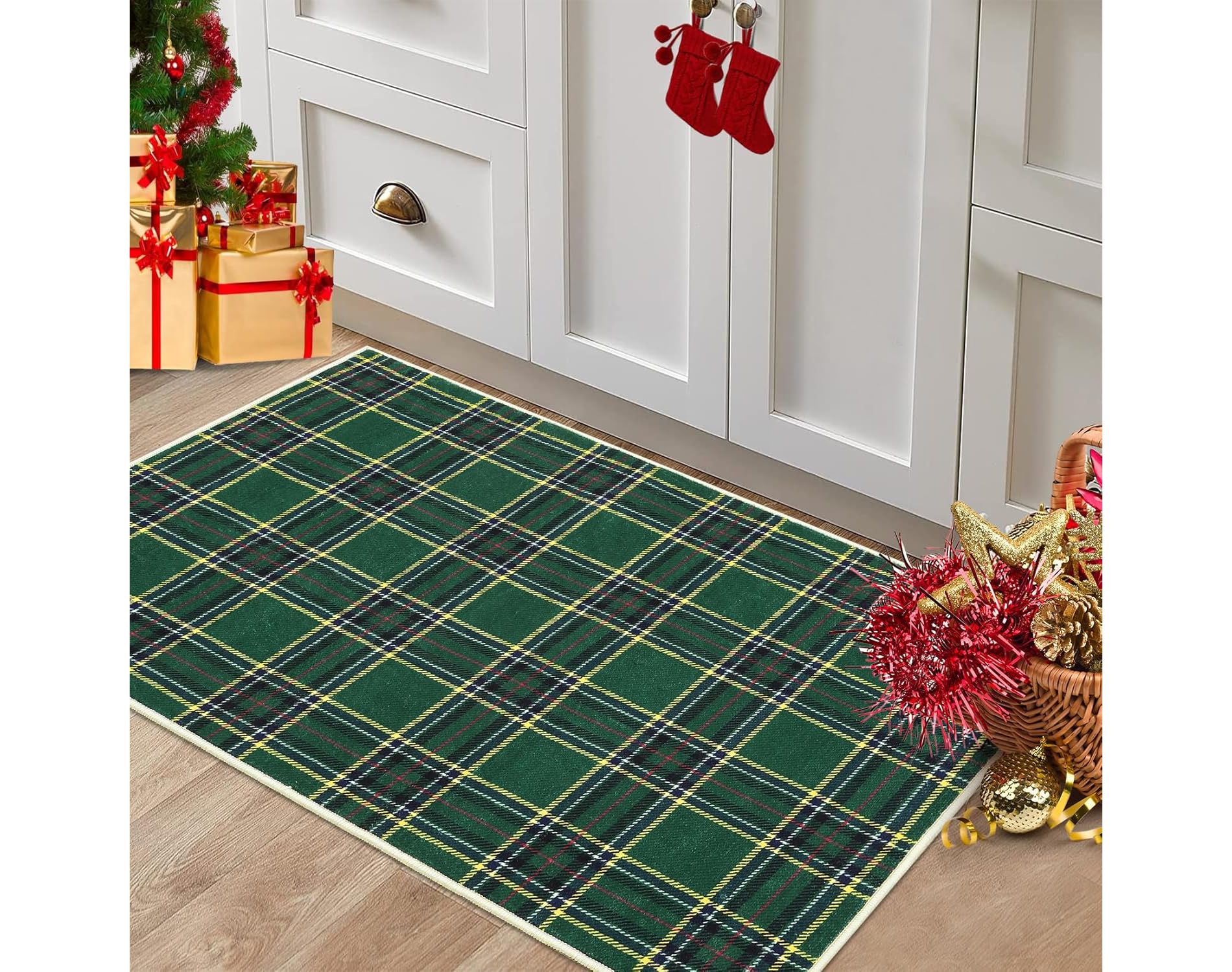 Christmas Rug Washable Non Slip Soft Plaid Carpet, Easy Clean Winter Door Mat for Entryway, Kitchen, Bedroom, Living Room