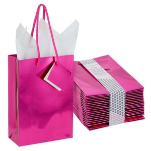 Blue Panda 20 Pack Small Metallic Hot Pink Birthday Gift Bags for with White Tissue Paper, 7.9 x 5.5 x 2.5 In - 1 of 4