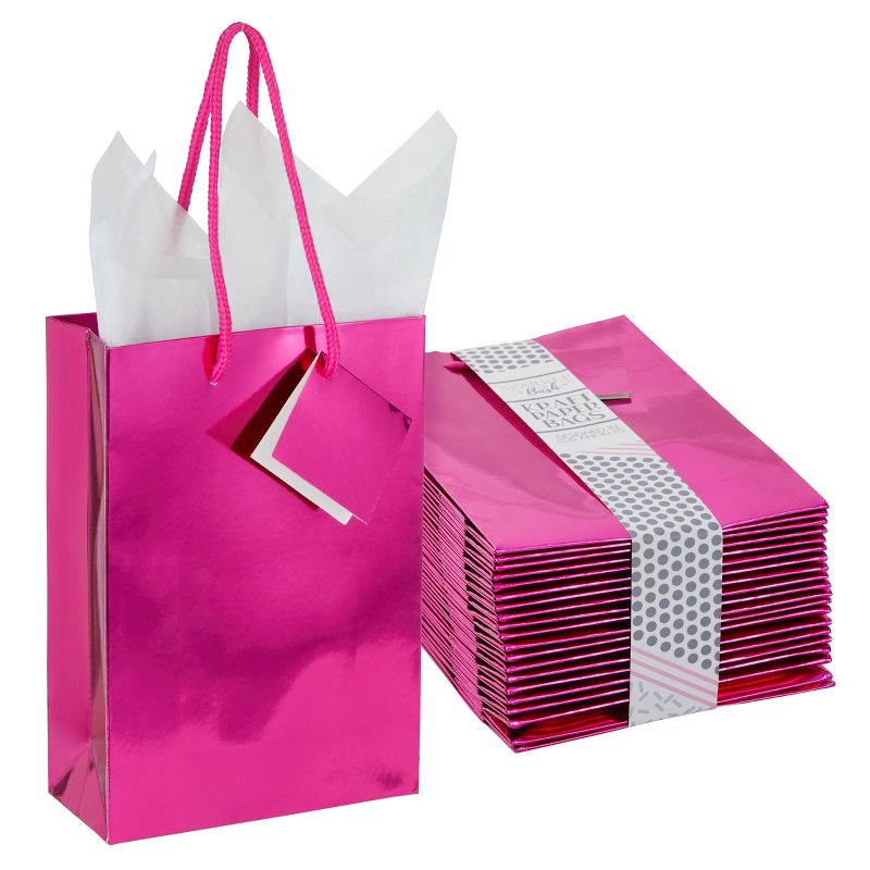 Blue Panda 20 Pack Small Metallic Hot Pink Birthday Gift Bags for with White Tissue Paper, 7.9 x 5.5 x 2.5 In, 1 of 9